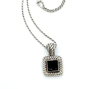 Vintage Sterling Silver Black Onyx Cable Twist Square Pendant Necklace 16&quot;/ Sterling Silver Black Onyx Cable Pendant