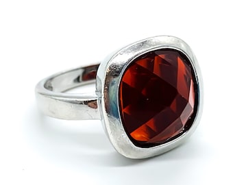 Vintage Modernist Sterling Silver Red Art Glass Solitaire Ring Size 6/ Sterling Silver Ring/ Vintage Sterling Ring/ Red Gemstone Ring
