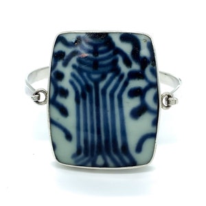 Vintage Sterling Silver Blue White Porcelain Bangle Bracelet 7&quot;/ Recycled Porcelain Sterling Bracelet/ Blue White Porcelain Sterling Bangle