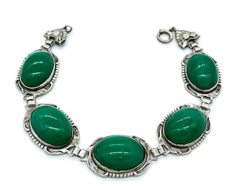 Antique Art Nouveau Sterling Silver Green Art Glass Bracelet 7"/ Antique Sterling Bracelet/ Art Nouveau Sterling Bracelet/ Green Enamel
