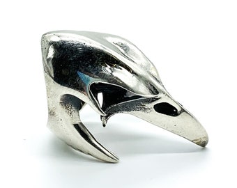 Anillo vintage punk gótico de plata esterlina con pájaro, cuervo y calavera, talla 8.75 / Anillo vintage grande y pesado de plata esterlina estilo motero con cuervo y calavera / Anillo de calavera de plata esterlina