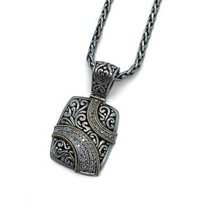 Vintage Effy 18k Yellow Gold Sterling Silver Pave Diamond Scroll Pendant Necklace 18&quot;/ Sterling Silver diamond Necklace/ Diamond Pendant