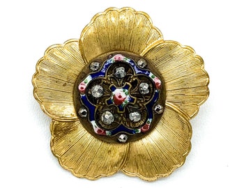 Antique Art Nouveau French Champlevé Cloisonné Enamel Gold Tone Flower Pin Brooch/ Antique French Champlevé Cloisonné Enamel Floral Brooch