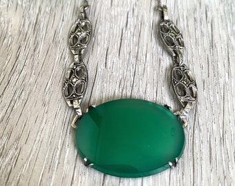 Collar antiguo Art Déco de plata de ley con crisoprasa y marcasita de 38 cm / Collar antiguo de plata de ley / Collar Art Déco de plata de ley / Piedra preciosa verde