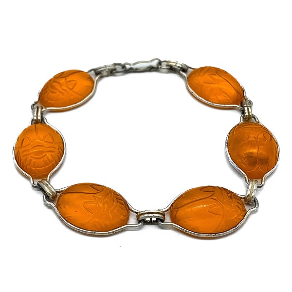 Vintage Mid Century Sterling Silver Amber Lucite Scarab Link Bracelet 7.5"/ Egyptian Sterling Scarab Bracelet/ Egyptian Revival Bracelet