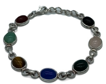 Vintage Sterling Silver Egyptian Revival Gemstone Scarab Bracelet 7"/ Sterling Scarab Bracelet/ Carved Gemstone Scarab Bracelet/ Egypt