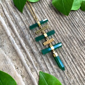 Modernist 14k Yellow Gold Sterling Silver Green Onyx Point Pendant Necklace 18"/ 14k Gold Sterling Green Onyx Point Necklace/ Green Gemstone