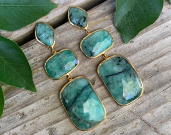 Vintage 14k Yellow Gold Sterling Silver Emerald Drop Dangle Earrings/ 14k Gold Emerald Earrings/ Sterling Silver Emerald Earrings/ Green