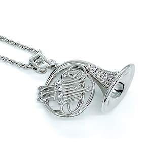 Vintage Eccentric Silver Tone Crystal Rhinestone Brass Horn Instrument Pendant Necklace 26&quot;/ Vintage Silver Tone Instrument Necklace/ Music