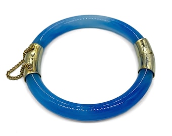 Vintage Mid Century Sterling Silver Blue Art Glass Bangle Bracelet 7”/ Vintage Glass Bracelet/ Vintage Sterling Bracelet/ Vintage Bangle