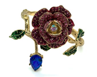 Vintage Betsy Johnson Crystal Rhinestone Rose Flower Clamper Bangle Bracelet 7"/ Designer Crystal Rose Bangle Bracelet/ Betsy Johnson Bangle
