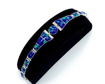 Vintage Taxco Sterling Silver Inlay Azurite Lapis Malachite Link Bracelet 7.5 Vintage Sterling Silver Inlay Azurite Bracelet Azurite