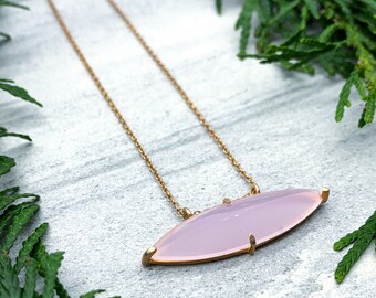 Modernist Rose Gold Sterling Silver Pink Chalcedony Necklace 19"/ Rose Gold Pink Chalcedony Pendant Necklace/ Rise Gold Necklace/ Pink Gem