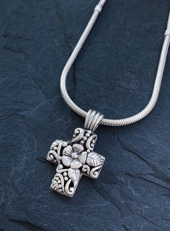 Vintage Taxco Sterling Silver Floral Cross Pendant Ne… - Gem