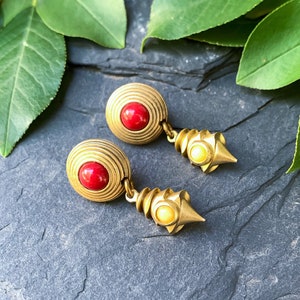 Vintage Modernist G.N.Buonanno Gold Tone Red Enamel Earrings/ Designer Modernist Gold tone Earrings/ Vintage Brutalist Gold Tone Earrings