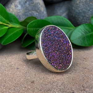 Vintage Sterling Silver Druzy Ring Size 6.25/ Sterling Druzy Ring/ Pyrite Druzy Ring/ Rainbow Aura Druzy Ring/ Vintage Sterling Ring