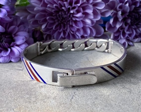 Vintage Gucci Sterling Silver Red Blue Enamel Striped Sporty