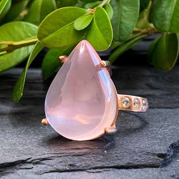 14k Rose Gold Sterling Silver Rose Quartz White Topaz Teardrop Ring Size 6.25/ Rose Gold Rose Quartz Ring/ Rose Quartz Ring/ Pink Gemstone