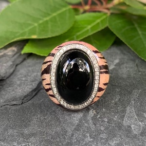 Vintage Sterling Silver Black Onyx Tiger Stripe Rhinestone Ring Size 7.25/ Vintage Sterling Tiger Stripe Ring/ Sterling Enamel Ring/ Onyx