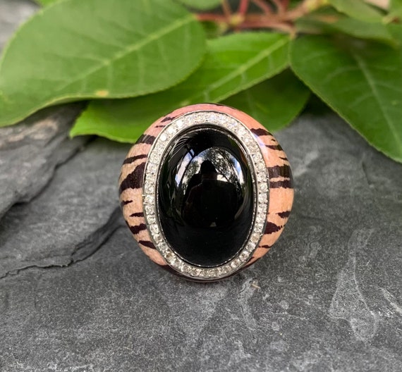 Vintage Sterling Silver Black Onyx Tiger Print En… - image 1