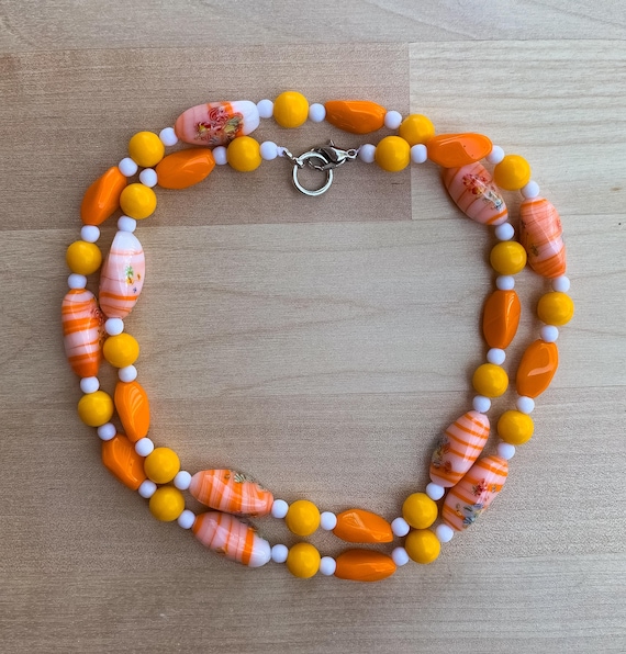 Vintage Mid Century Murano Glass Bead Necklace 22"/ Murano Orange Glass Bead Necklace/ Swirl Art Glass Bead Necklace/ Glass Bead Necklace