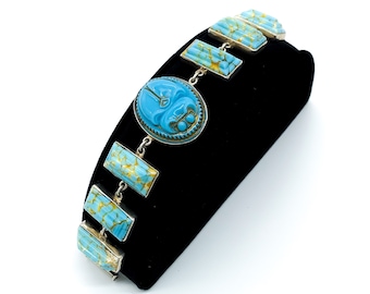 Vintage Mid Century Egyptian Revival Sterling Silver Turquoise Art Glass Scarab Bracelet 7"/ Sterling Scarab Bracelet/ Egyptian Bracelet
