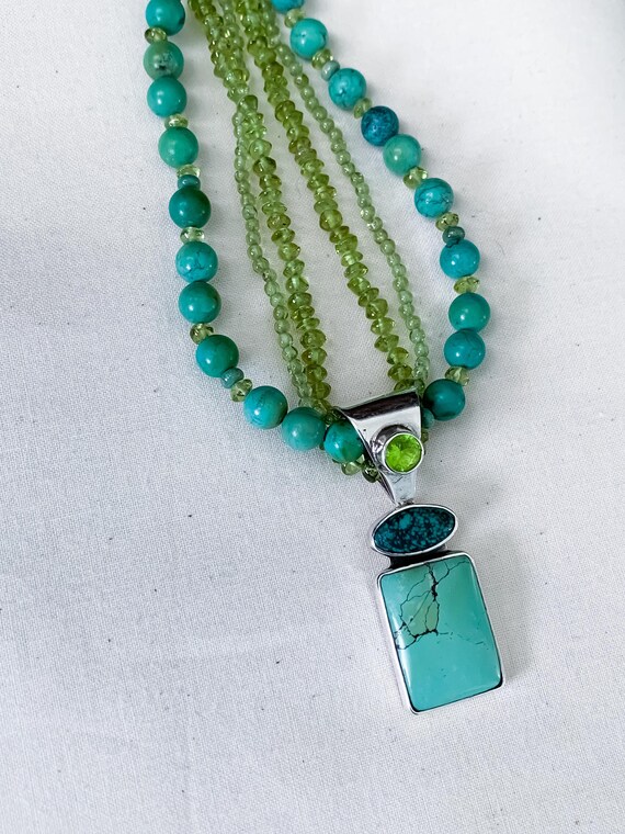 Vintage Sterling Silver Turquoise Peridot Pendant… - image 4
