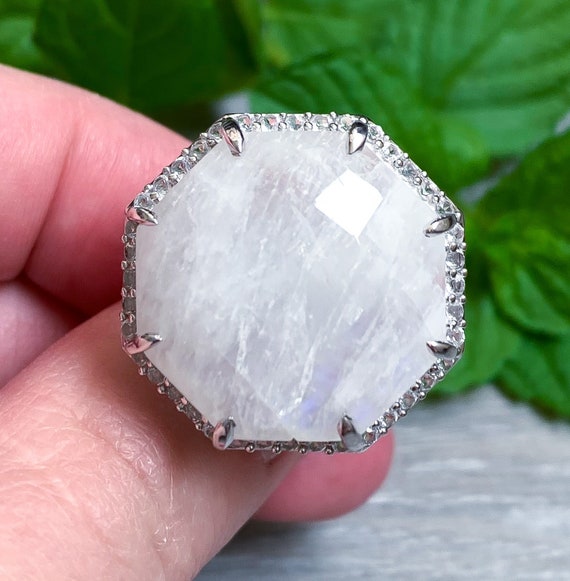 Vintage Sterling Silver Octagon Moonstone White S… - image 6