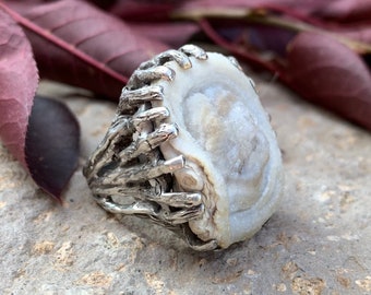 Vintage Artisan Brutalist Sterling Silver Chalcedony Button Organic Vine Ring 6.5/ Vintage Brutalist Sterling Druzy Ring/ Vintage Artisan