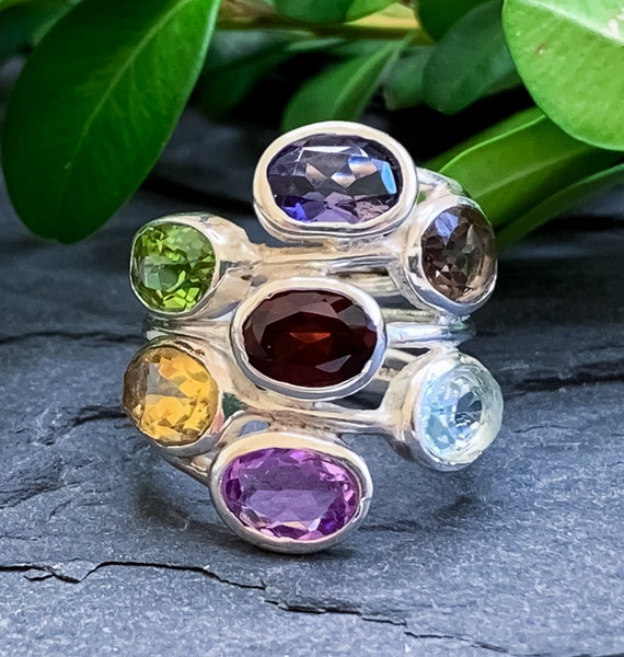 Vintage Sterling Silver Rainbow Multi Gemstone Rin