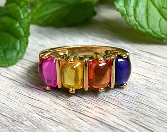 Vintage 14k Gold Vermeil Sterling Silver Multi-Sapphire Cabochon Ring Size 9.5/ Orange Sapphire Ring/ Blue Sapphire Ring/ Pink Sapphire Ring