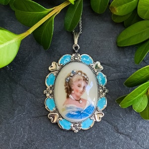 Antique Victorian Sterling Silver French Limoges Porcelain Enamel Portrait Pendant Necklace 19&quot;/ Antique Victorian Sterling Pendant Necklace