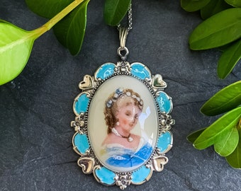 Antique French Limoges Porcelain Portrait Sterling Silver Pendant Necklace 19”/ Antique Sterling Silver Pendant Necklace/ Hand Painted