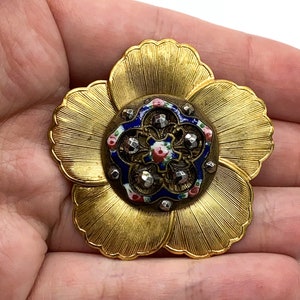 Antique Art Nouveau French Champlevé Cloisonné Enamel Gold Tone Flower Pin Brooch/ Antique French Champlevé Cloisonné Enamel Floral Brooch image 2