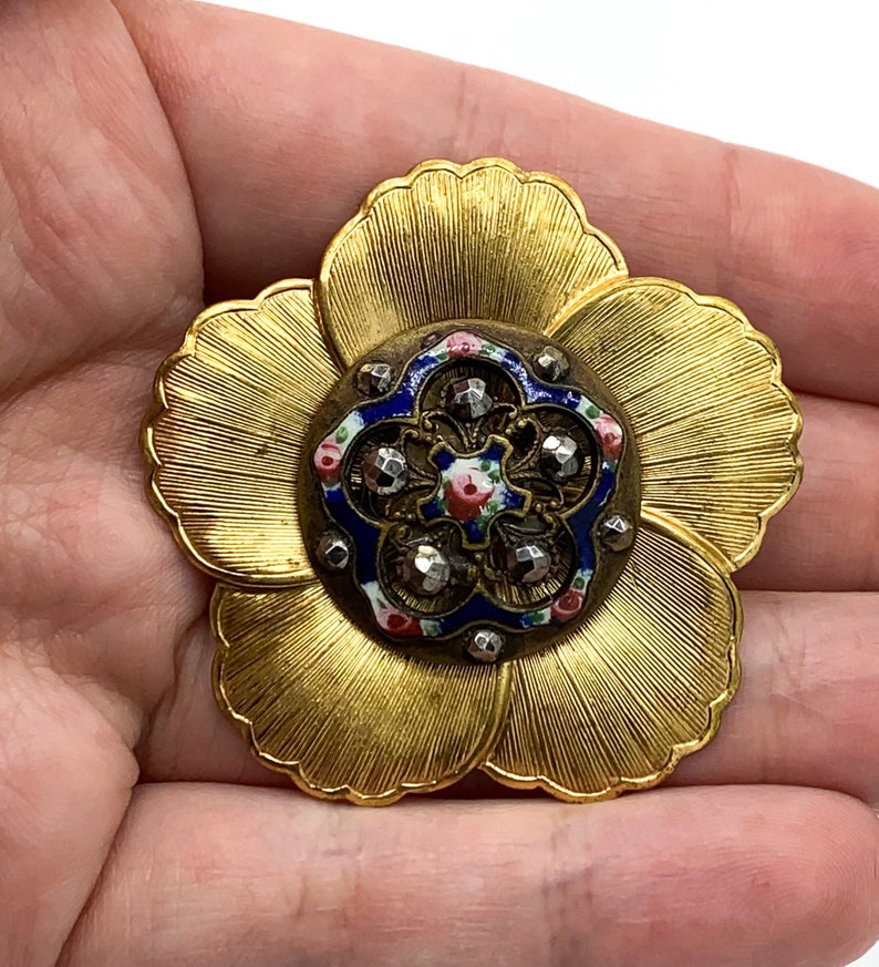 Antique Art Nouveau French Champlevé Cloisonné Enamel Gold Tone Flower Pin Brooch/ Antique French Champlevé Cloisonné Enamel Floral Brooch image 2