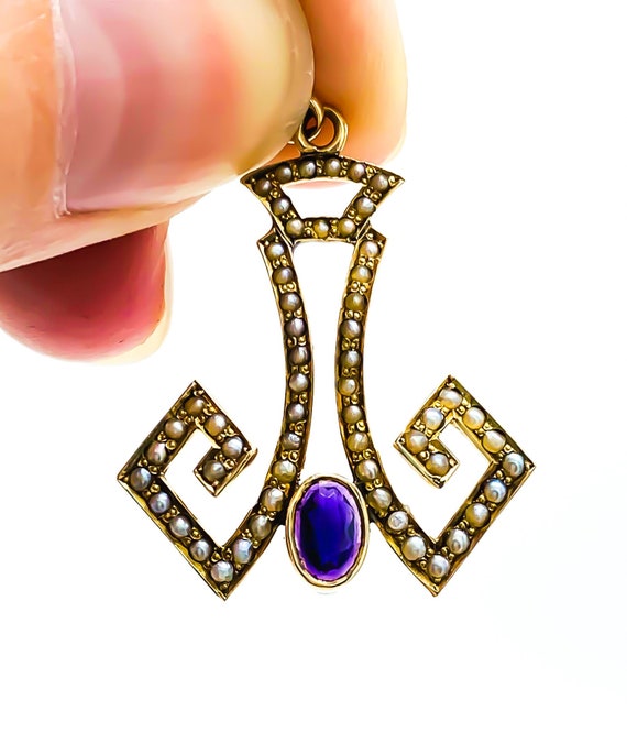 Antique Art Deco  Yellow Gold Seed Pearl Amethyst… - image 1