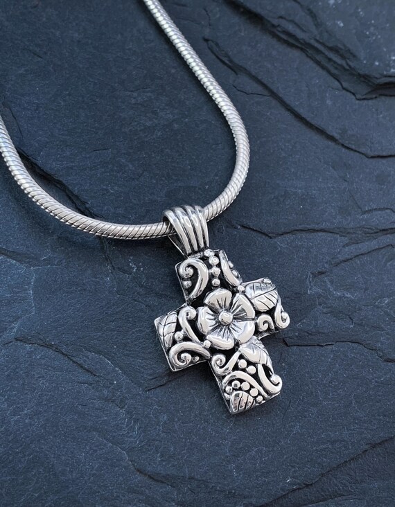 Vintage Taxco Sterling Silver Floral Cross Pendant Ne… - Gem