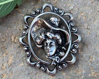 Vintage Victorian Revival Victorian Lady Cameo Sterling Silver Pin Brooch/ Vintage Edwardian Revival Sterling Silver Lady Cameo Brooch