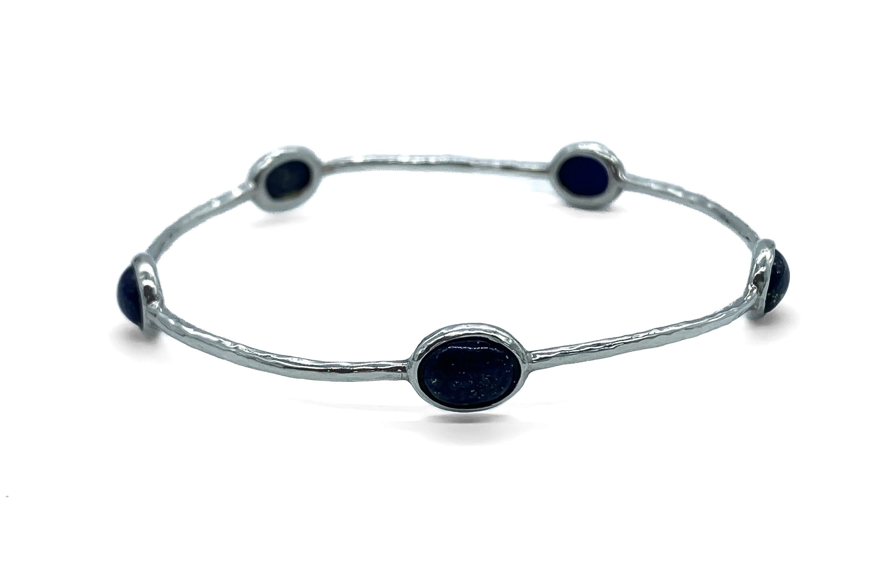 Bracelet Jonc Rigide Ouvert En Argent Avec Perles De Lapis Lazuli - Style Vintage, état Comme Neuf - Bijou Artisanal