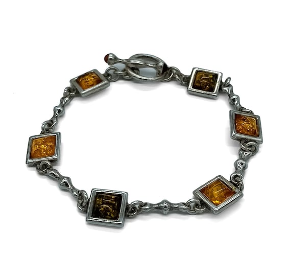 Vintage Modernist Sterling Silver Amber Link Bracelet 7.5"/ Modernist Amber Bracelet/ Sterling Amber Bracelet/ Sterling Silver Bracelet