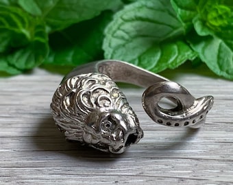 Antique Italian Sterling Silver Lion Head Ring Size 8.5/ Vintage Sterling Silver Lion Ring/ Sterling Big Cat Ring/ Sterling Silver Lion Ring