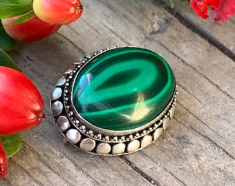 Vintage Sterling Silver Caviar Dot Malachite Pendant Pin Brooch/ Vintage Sterling Silver Malachite Pendant/ Ed Hardy Style Sterling Pendant