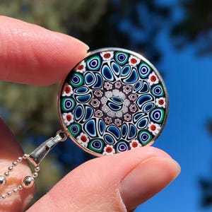 Vintage Sterling Silver Murano Millefiori Pendant Necklace 16"/ Vintage Italian Sterling Pendant Necklace/ Murano Art Glass Pendant/ Mosaic