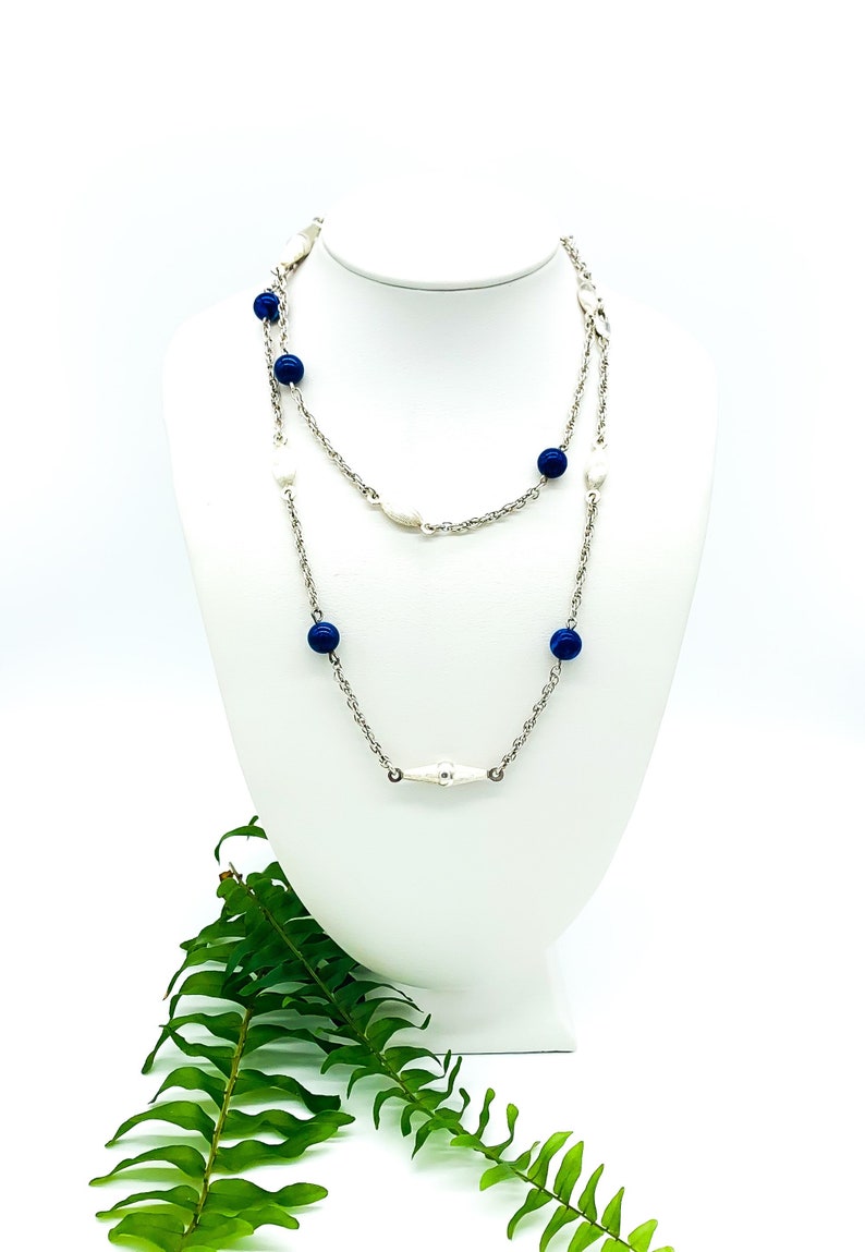 Antique Peruzzi Italy Sterling silver Ribbed Bead Lapis Lazuli Long Chain Necklace 30 Antique Peruzzi Chain Necklace Peruzzi Lapis Lazuli