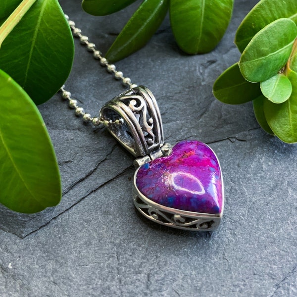 Vintage Sterling Silver Sugilite Reversible Heart Pendant Necklace 15"/ Gemstone Heart Pendant Necklace/ Sterling Heart Pendant Necklace