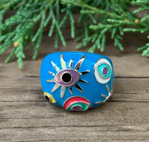 Vintage Y2k Sterling Silver Enamel Evil Eye Dome … - image 2