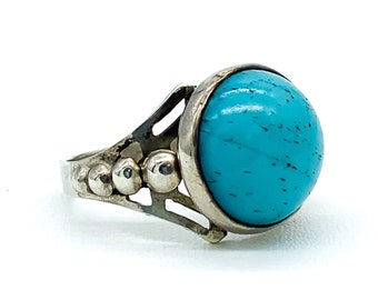 Antique Art Deco Sterling Silver Turquoise Cabochon Art Glass Ring Size 6.75/ Art Deco Sterling Turquoise Glass Ring/ Antique Sterling Ring