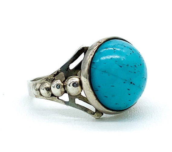 Antique Art Deco Sterling Silver Turquoise Cabochon Art Glass Ring Size 6.75/ Art Deco Sterling Turquoise Glass Ring/ Antique Sterling Ring
