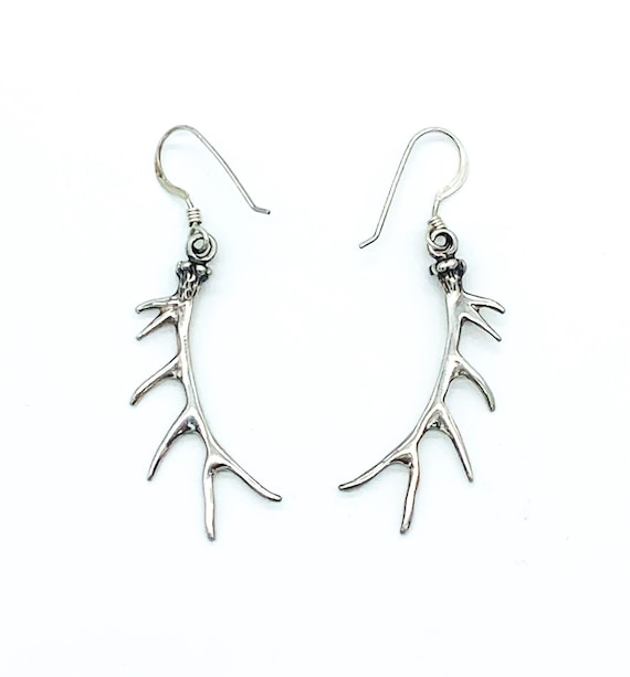 Vintage Sterling Silver Deer Antler Earrings/ Vint