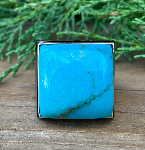 Vintage Designer Sterling Silver Carved Onyx Turquoise Ring Size 5.25/ Carved Gemsone Ring/ Bkack Inyx Ring/ Turquoise Signet Ring/ Blue View 2